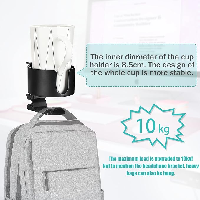 2 in 1 Desk Cup Holder with Headphone Hanger Holder, Anti-Spill Cup Holder-360° Rotation Aluminum Alloy Stand Hook Bearing Capacity 10kg/22lb Suitable for Coffee Mups,Water Cups,Bag,Headphone