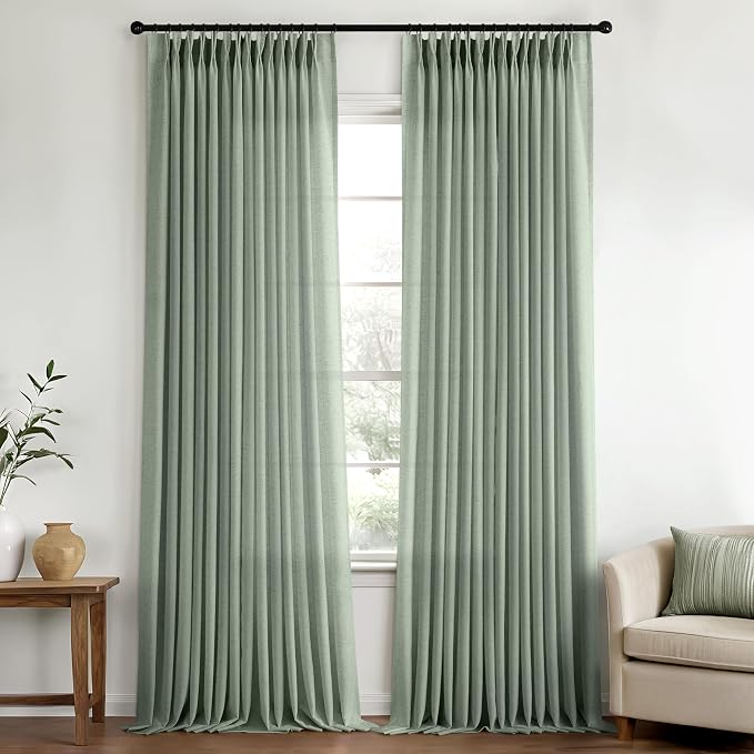 Memory Trained Pinch Pleated Curtains 108 Inches Long, Viral Linen Pinch Pleat Sheer Curtains with Ring Hooks&Clips for Track System Living Room, Sage Green Light Filtering Privacy Curtain 2 Panel Set