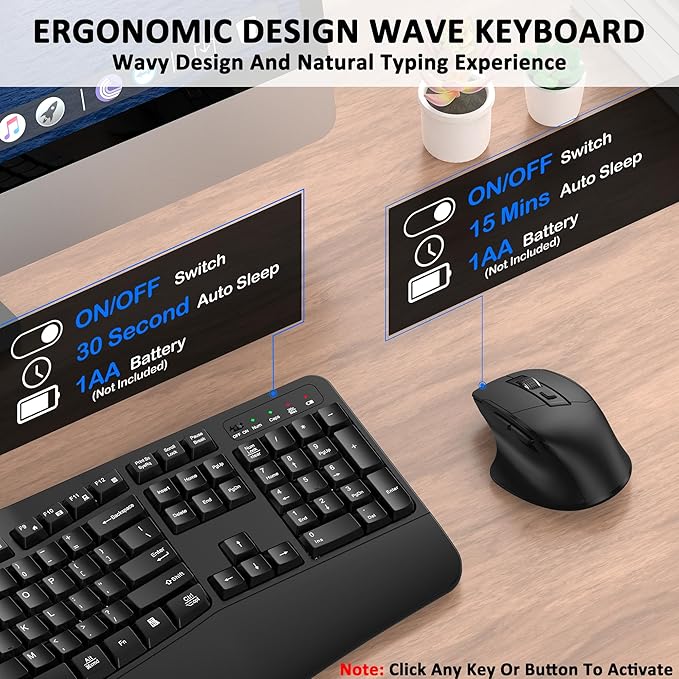 Wireless Keyboard and Mouse Combo, EDJO 2.4G Full-Sized Wave Keys Ergonomic Keyboard and Wireless Optical Mouse, Energy-Saving Wireless Mouse Keyboard for Computer, Mac, Laptop, PC, Windows(Black)