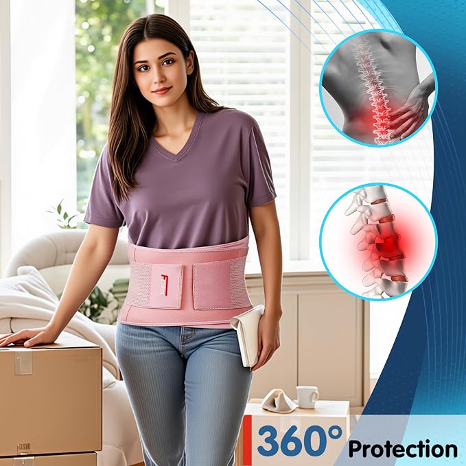 FEATOL Back Brace for Lower Back Pain, Breathable Back Support Belt for Women & Men with Lumbar Pad, Lumbar Support Belt for Heavy Lifting & Work, Pink, 4XL (Circumference:63-68")