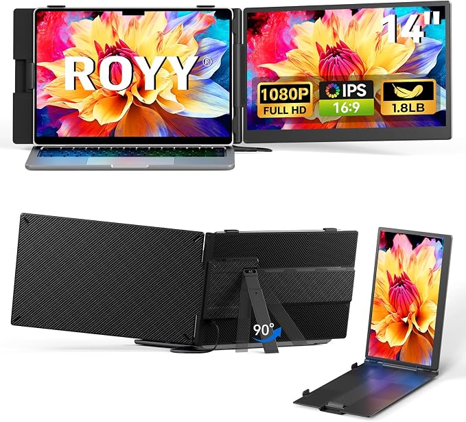 ROYY 14.2" Laptop Screen Extender, Portable Laptop Monitor 180° Rotation, FHD 1080P IPS Dual Screen, One Cable Plug & Play, Extra Compatible with Windows/Mac/Android/Switch/PS Fits 13"-17" Laptops