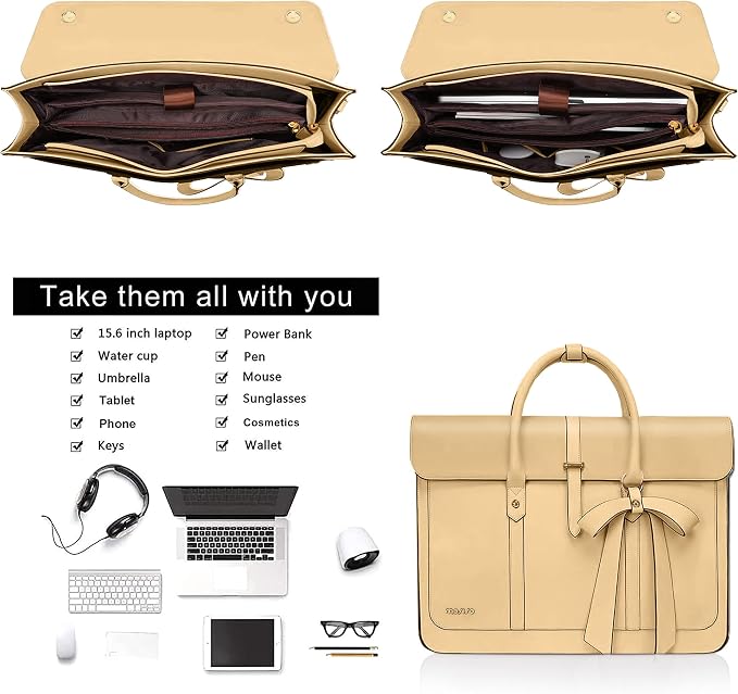 MOSISO Laptop Bag for Women, 15-15.6 inch PU Leather Laptop Shoulder Bags Convertible Backpack, 16 inch Messenger Bags Casual Handbag Work Briefcase Travel Computer Bag with Bowknot, Turmeric