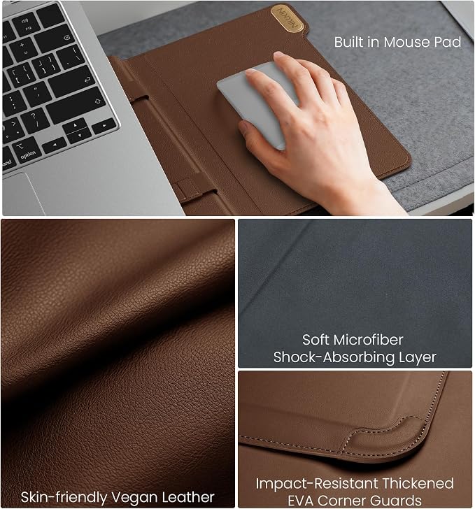 Nillkin 14 inch Laptop Sleeve with Handle (4-in-1), 2 Stand Modes, MacBook Sleeve with Adjustable Stand & Mouse Pad, Slim Laptop Case 14 inch for Samsung/Surface/HP/Chromebook/Dell 12-14'', Brown