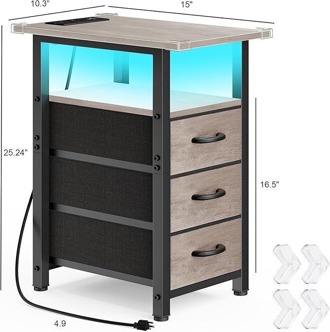 Vagusicc Set of 2 Nightstand with Charging Station and LED Lights, Narrow End Table, LED Night Stand with 3 Fabric Drawers for Bedroom, Small Bedside Table, Narrow Side Table for Small Spaces, Greige