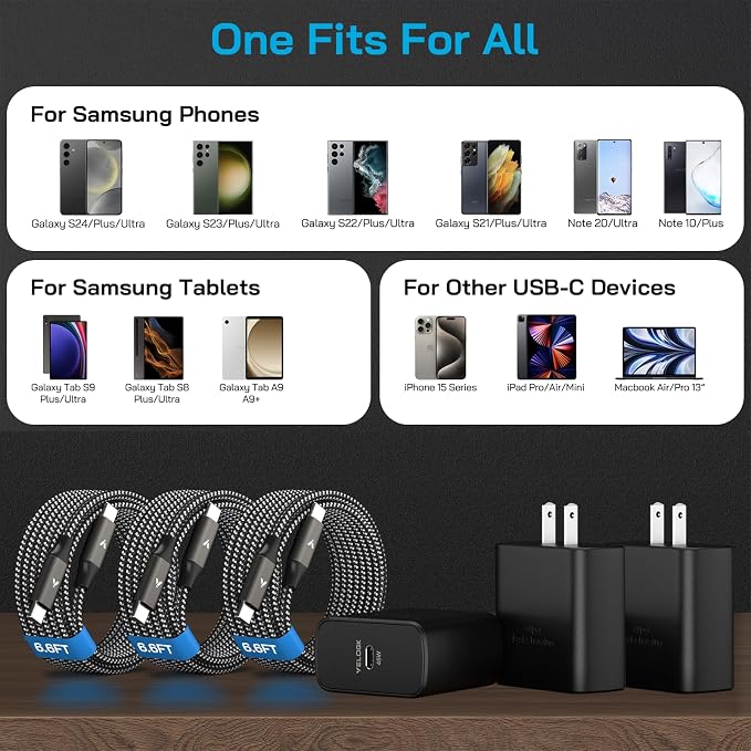 45W Super Fast Charger USB C, 45 Watt Type-C Android Phone Charger Fast Charging Block with 3X 6.6FT Type C Cords for Samsung Galaxy S25 Ultra/S24 Ultra/S24+/S23 Ultra/S23+/S22 Plus, Tab S9/S8 Ultra