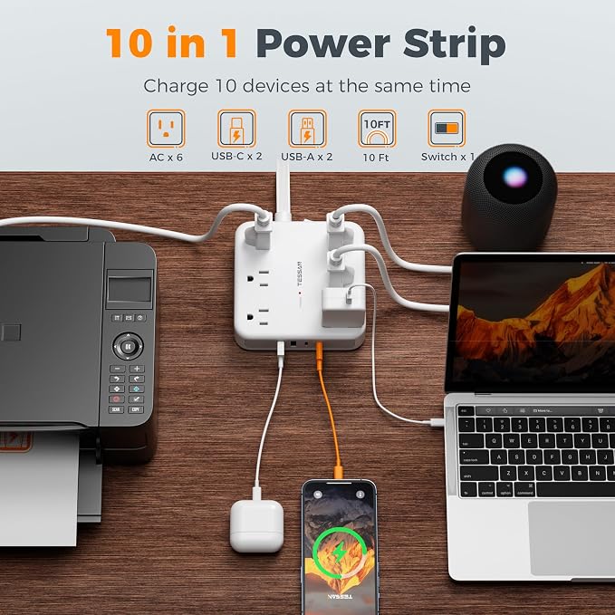 TESSAN 10Ft Grey Extension Cord with Multiple Outlets, Surge Protector Power Strip with 6 Outlets and 4 USB Ports (2 USB C), 2100 Joules Protection, Flat Plug, Outlet Extender for Home, Office, Dorm