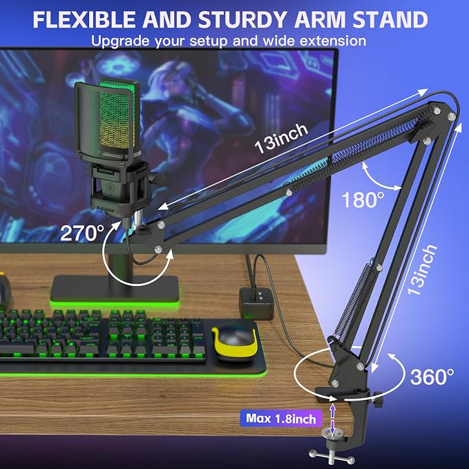 ZealSound Podcast Microphone, USB Mic with Noise Cancellation, Volume & Mute Control, RGB Light, Zero-Latency Monitoring, Gaming Microphones with Boom Arm & Tripod Stand for PC Mac iPhone and Android