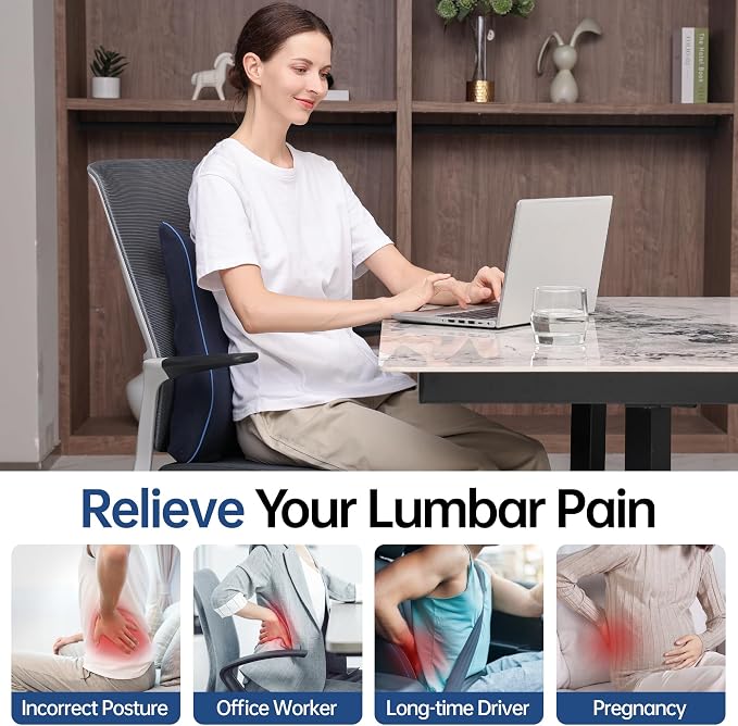 Lumbar Support Pillow for Office Chair Car Seat Gaming Chair, Memory Foam Back Support Pillow, Lumbar Cushion Back Cushion for Lower Back Pain Relief, Adjustable Strap Washable Cover-Navy Blue