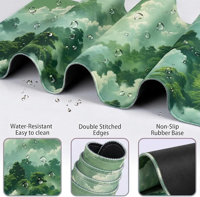 Green Cloud Mouse Pad and Keyboard Wrist Rest 4PCS Extended Forest Mountain Aesthetic Large Desk Mat Pad Set Memory Foam Non-Slip Cute Ergonomic Gaming Mouse Pad Wrist Support for Computer Home Office