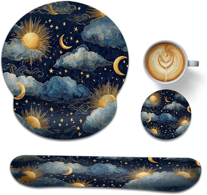 Starry Night Keyboard Wrist Rest Pad Ergonomic Mouse Pad Set,Sun Moon 3 in 1 Memory Foam Mouse Pad with Non Slip Base for Office and Home