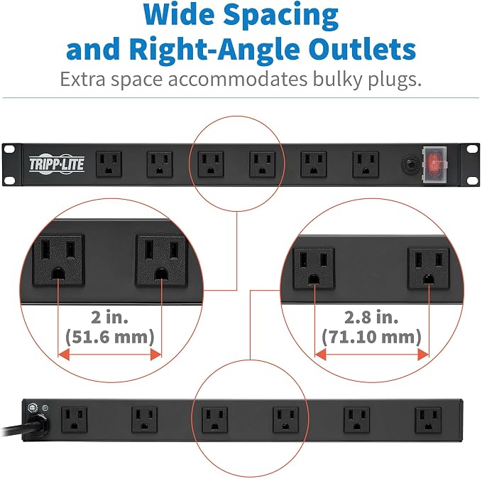 Tripp Lite 12-Outlet Rack Mount Power Strip PDU, Six Front & Six Rear Facing Outlets, 15A, 120V, 15ft Cord with Right-Angle Plug, Horizontal 1U Rack Mount, Black