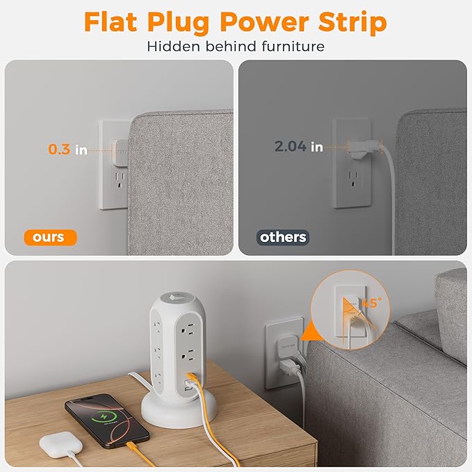 TESSAN Tower Power Strip Flat Plug with 11 Outlets 3 USB (1 USB C), Surge Protector Tower 1625W/13A,1050J Protection, 5 Ft Retractable Extension Cord with Multiple Outlets, Office Desk Supplies, Grey
