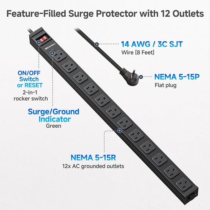 [ETL Certified] Cable Matters Wall-Mountable 12 Outlet Power Strip - 8ft Cord, Metal, 2100J Surge Protector with 15A Circuit Breaker, Industrial Power Strip Surge Protector for Garage, Workshop, Black