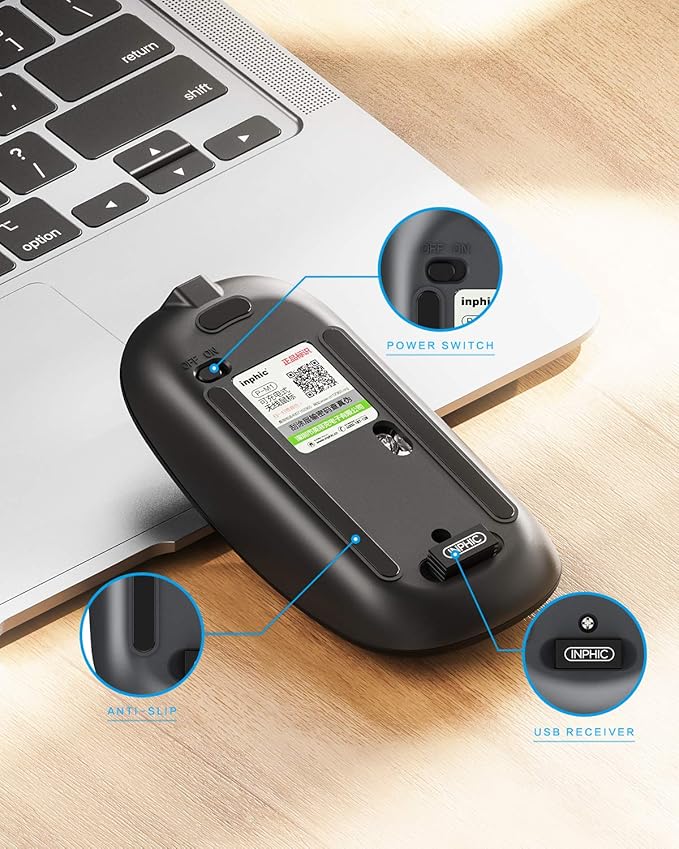 INPHIC Slim Wireless Mouse Rechargeable, Battery Visible, 2.4G Silent Cordless,2400 DPI with USB Receiver, Black