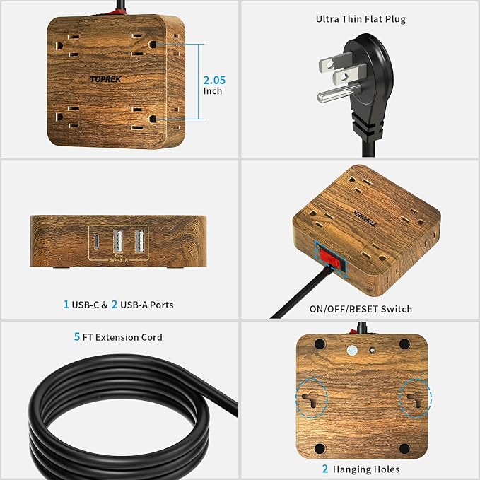 TOPREK Power Strip Surge Protector (1080J), 8 Widely-Spaced Outlets with 1 USB-C & 2 USB-A, Wood Finish Power Strip with USB for Home, Office, Dorm, Travel, 5 FT Extension Cord with Flat Plug