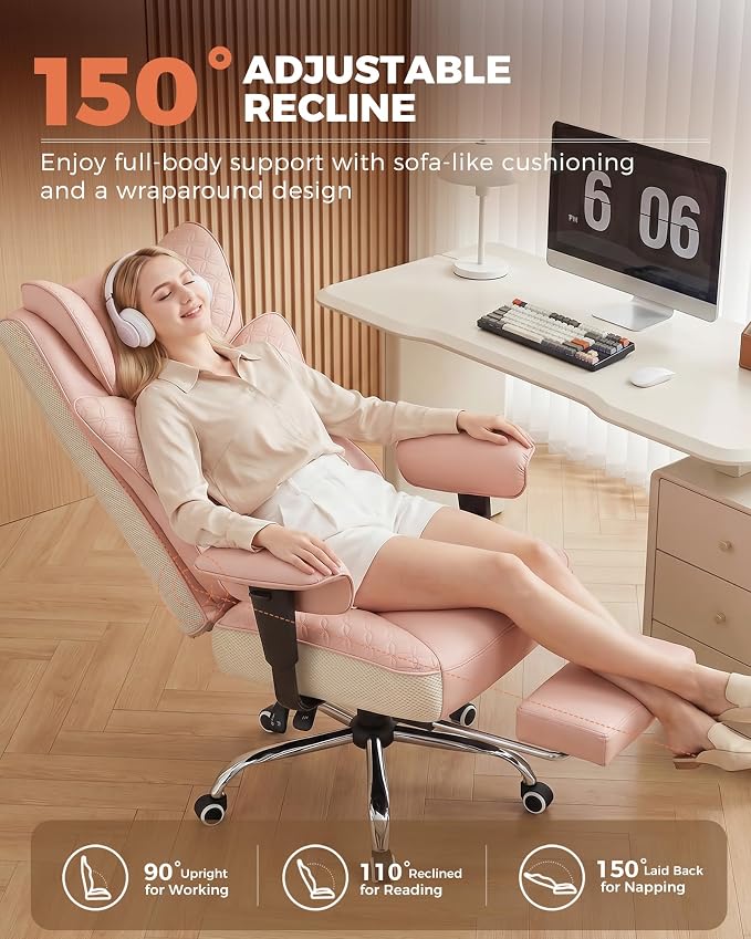 GTPLAYER Big and Tall Office Chair, Wide Ergonomic Gaming Chair with Deluxe Embossing Designed Leather with Foot Rest,150°Reclining Adjustable Soft Armrests Pocket Spring Back Support and Pillow