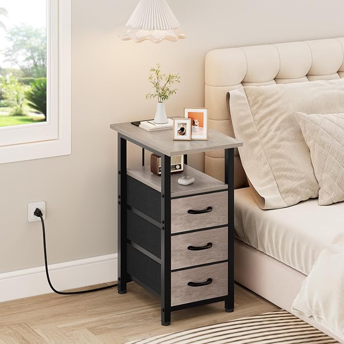 Vagusicc Set of 2 Narrow Nightstand with Charging Station, Slim Dresser for Bedroom Narrow Side Table Storage Cabinet with 3 Drawers, Tall Night Stand End Table for Small Spaces, Greige