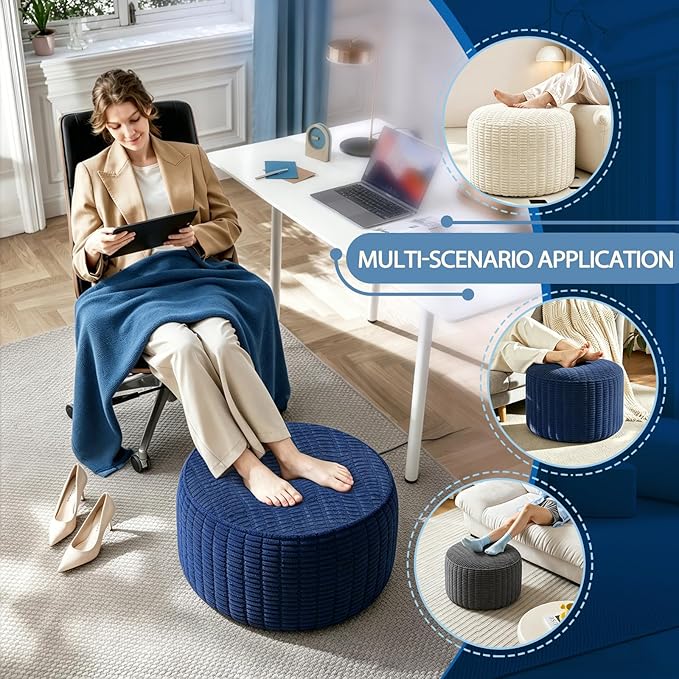 Round Corduroy Ottoman Foot Rest Pouf for Living Room Couch - Soft Plush Shredded Foam Filled Hassock Stool, Comfy Footstool for Adults (Charcoal - Chunky Corduroy, 26 INCH×18 INCH)