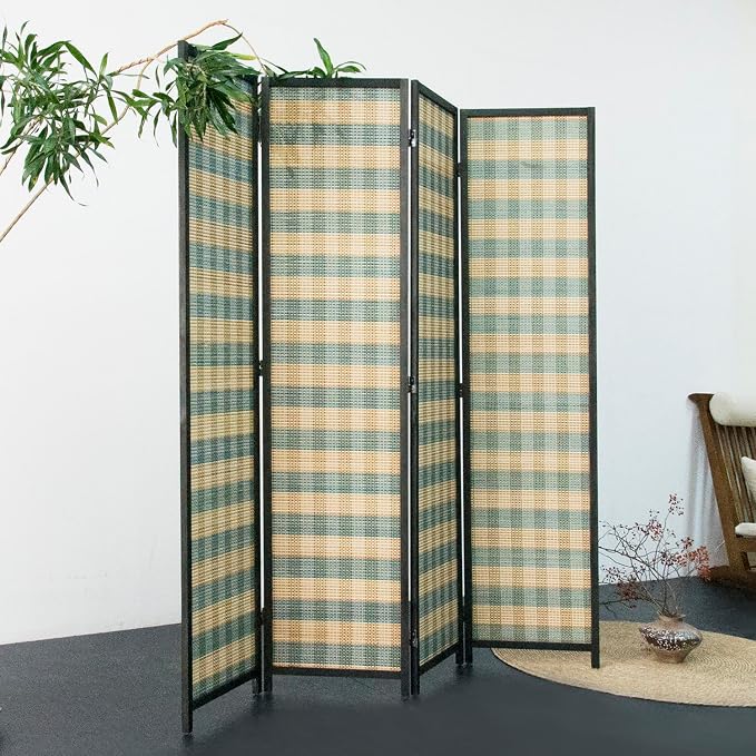 Furnnylane 4 Panel Bamboo Room Divider - 5.6 ft Tall (67" H x 63" W), Double-Sided Folding Privacy Screen in Blue Woven Stripe, No-Drill Freestanding Partition for Home Office & Bedroom