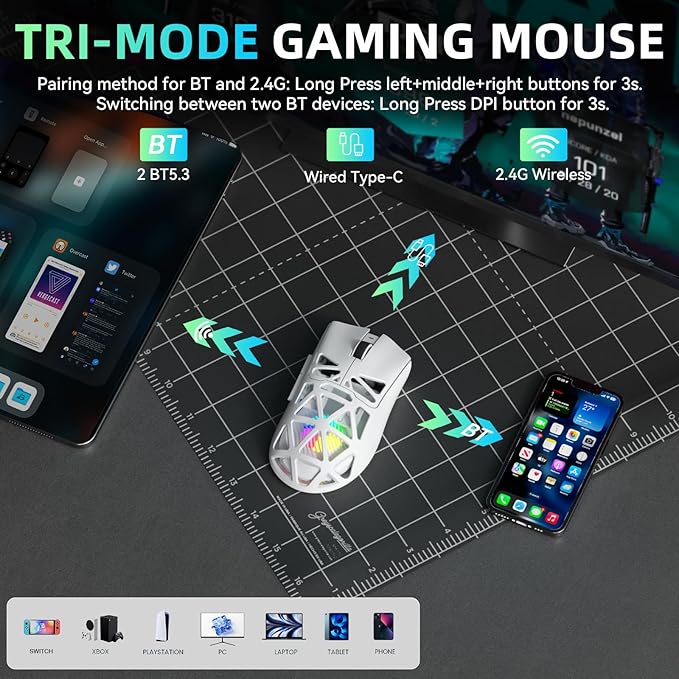 Aula SC620 Wireless Gaming Mouse, Tri-Mode 2.4GHz/USB-C/BT5.3 Computer Mouse with 12000 DPI, Programmable Macro Gamer Mouse with Rapid Fire Key, RGB Light White Gaming Mice for PC/Laptop/Mac