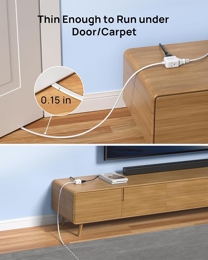 TROND Flat Extension Cord 10ft - Right Angled Flat Plug Power Strip, ETL Listed, 3 Plug Extension Outlets, Three Prong, SPT 16/3 Gauge Cable, 13 Amps, Compact for Indoor Home Office Kitchen, White
