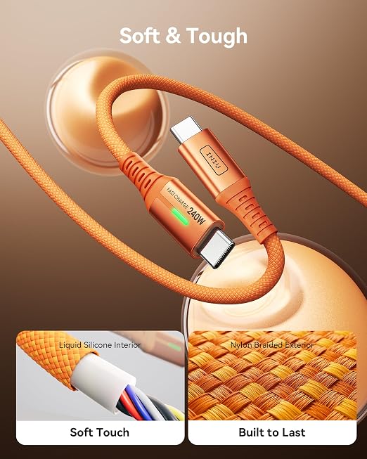INIU USB C to USB C Cable, 240W Fast Charging Type C Charger Cord, Braided USBC Cable for iPhone 17, Samsung S25, Laptop, MacBook, Switch, Kid, Emergency, Flight, [6.6ft+6.6ft Orange]