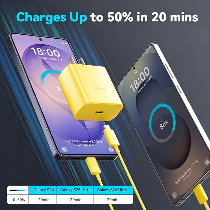 45W Super Fast Charger USB C Android Phone Type C Charger Fast Charging Block with 6.6FT Cord for Samsung Galaxy S26/S26 Ultra/S26+/S25 Ultra/S25/S24 Ultra/S24/S23 Ultra/S22/S21/S20/Note 10, Yellow