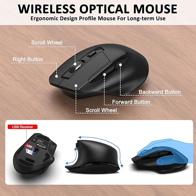 Wireless Keyboard and Mouse Combo, EDJO 2.4G Full-Sized Wave Keys Ergonomic Keyboard and Wireless Optical Mouse, Energy-Saving Wireless Mouse Keyboard for Computer, Mac, Laptop, PC, Windows(Black)