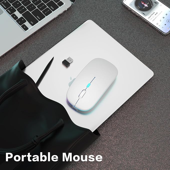 AIKOKOK Wireless Bluetooth Mouse, Rechargeable, Dual Mode Bluetooth 5.2 & 2.4G USB, LED Lights, Slim, Silent, Portable Computer Mouse for Laptop, PC, MacBook, iPad, Tablet (White)