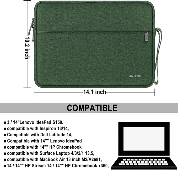 Laptop Case Bag 14 Inch, Water Resistant Traveling Computer Cover with Handle, Shockproof Protective Carrying Laptop Sleeve Compatible for 14 Inch MacBook Air/Pro, HP, Dell, Lenovo, Green