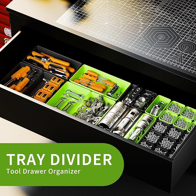 [5 Sizes] [69 PCS] Tool Drawer Organizer, Tool Box Tray, Desk Drawer Tray, Rolling Tool Chest, Toolbox (Black+Green)