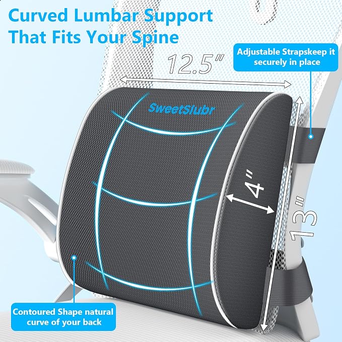 SweetSlubr Seat Cushion, Lumbar Support Pillow with Adjustable Strap-Chair Cushions for Sciatica Pain Relief-with Washable Cover Memory Foam for Car, Travel and Wheelchair Gray/Large