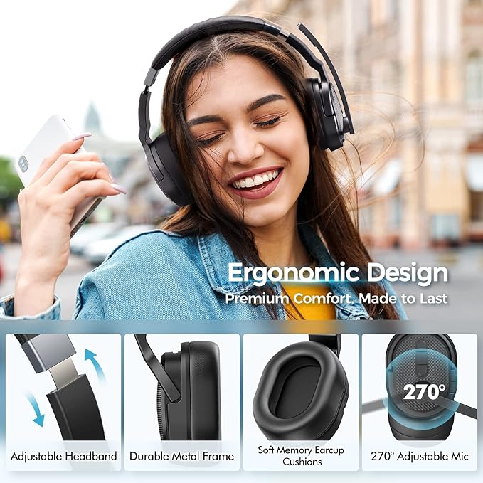 COSMUSIS Trucker Bluetooth Headset with Dongle, Wireless Headsets with Noise Cancelling Microphone, 50+Hrs HD Talktime Bluetooth Headphones with Detachable Earpad/Single+Dual Mode for Office/Driving