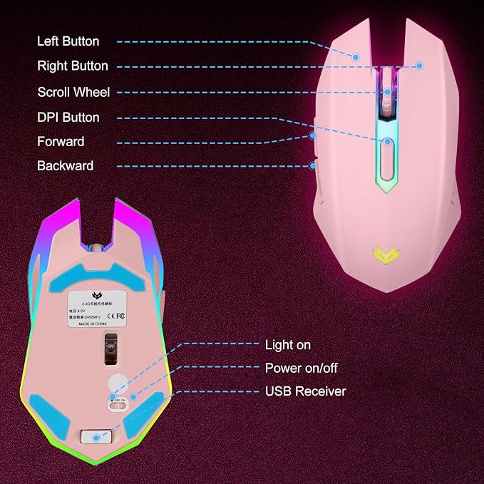 Wireless Gaming Mouse, Rechargeable Computer Mouse, 7-Color LED Light, Ergonomic Mouse with 6 Silent Click Buttons, 3 Adjustable 2400 DPI Wireless Mouse for Laptop,PC,Mac, Pink