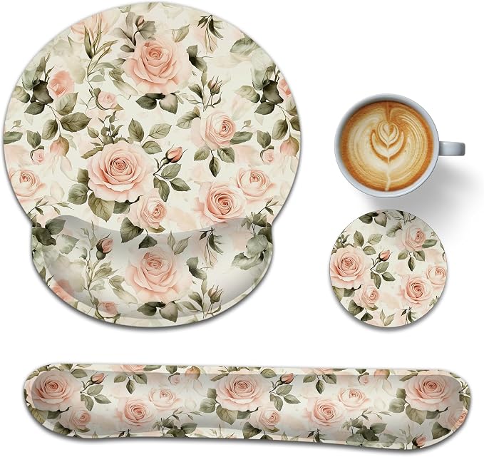 Pink Roses Keyboard Wrist Rest Pad Ergonomic Mouse Pad Set,Vintage 3 in 1 Memory Foam Mouse Pad with Non Slip Base for Office and Home