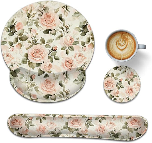 Pink Roses Keyboard Wrist Rest Pad Ergonomic Mouse Pad Set,Vintage 3 in 1 Memory Foam Mouse Pad with Non Slip Base for Office and Home