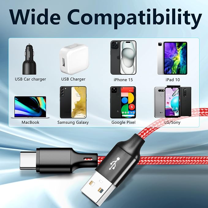USB A to USB C Charger Cable, 5 Pack [3/3/6/6/10ft] Type C Fast Charging Cord High Data & Transfer Wire Compatible for iPhone 17/16/15 Plus/Pro Max iPad Pro Air Ps5 Controller Samsung Galaxy(Red)