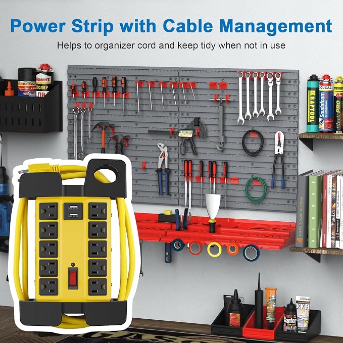 CCCEI Heavy Duty Power Strip with USB Ports, Garage 10 Outlets Surge Protector 2700 Joules, Industrial Workshop Metal 15Amp Multiple Outlets, 25 FT Extension Cord and Wide Spaced Yellow