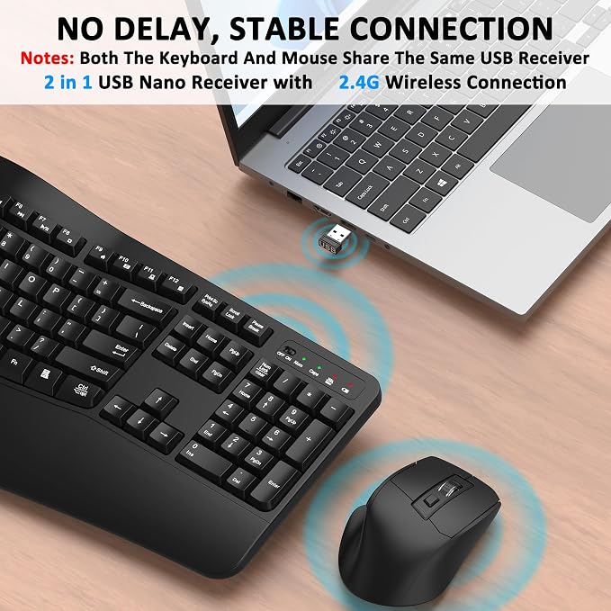 Wireless Keyboard and Mouse Combo, EDJO 2.4G Full-Sized Wave Keys Ergonomic Keyboard and Wireless Optical Mouse, Energy-Saving Wireless Mouse Keyboard for Computer, Mac, Laptop, PC, Windows(Black)