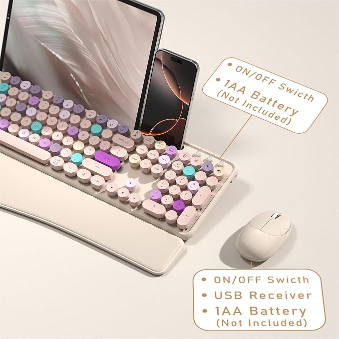MPTOG Colorful Wireless Computer Keyboard and Mouse Combo with Phone Holder, Wrist Rest, Typewriter Keys, 2.4GHz Wireless, Full-Sized Optical Mouse for PC and Laptop (Khaki)