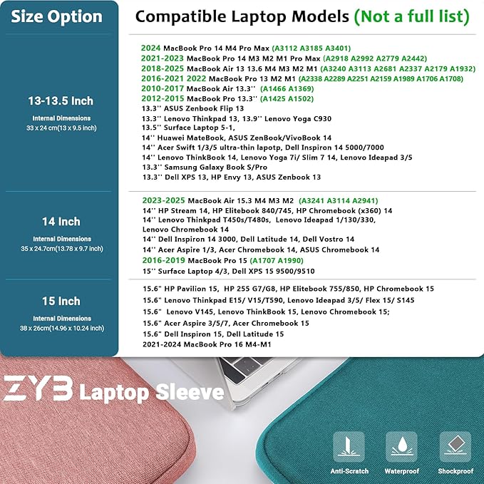 ZYB Laptop Case 14 Inch,Waterproof Laptop Sleeve 14 Inch for 14" Notebook/MacBook Air 15/14" Lenovo ThinkPad IdeaPad Asus HP Dell,2023-2025 MacBook Air 15 15.3 M4 M3 M2 etc with Accessory Bag-Teal