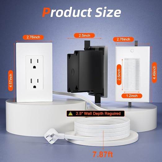 in Wall Cable Management Kit,2 AC Outlets Relocation Kit,Power Extender for Unreachable Outlets,7.8ft in Wall Outlet Extender for TV,Sofa,Desks,Nightstands,Home Theater Cords Organizer