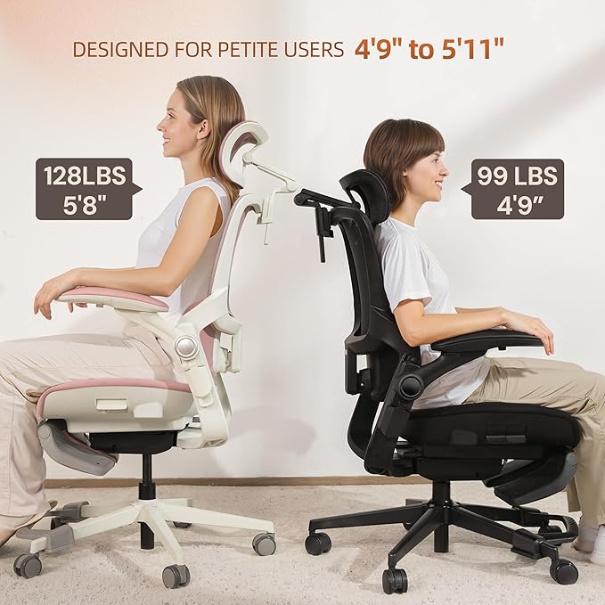 CabLady S2 Petite Ergonomic Office Chair for Women, Small Frame Desk Chair with Adjustable Lumbar, Headrest & Footrest, Space-Saving Flip-Up Armrests
