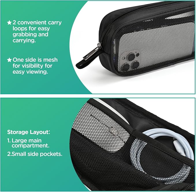 Breathable Mesh Nylon Travel Organizer - Portable Cable pouch & Tool Case for Laptop Charger, Mouse, Power Bank, USB Cords, Adapters, Small Tools. Compact & Lightweight. Black