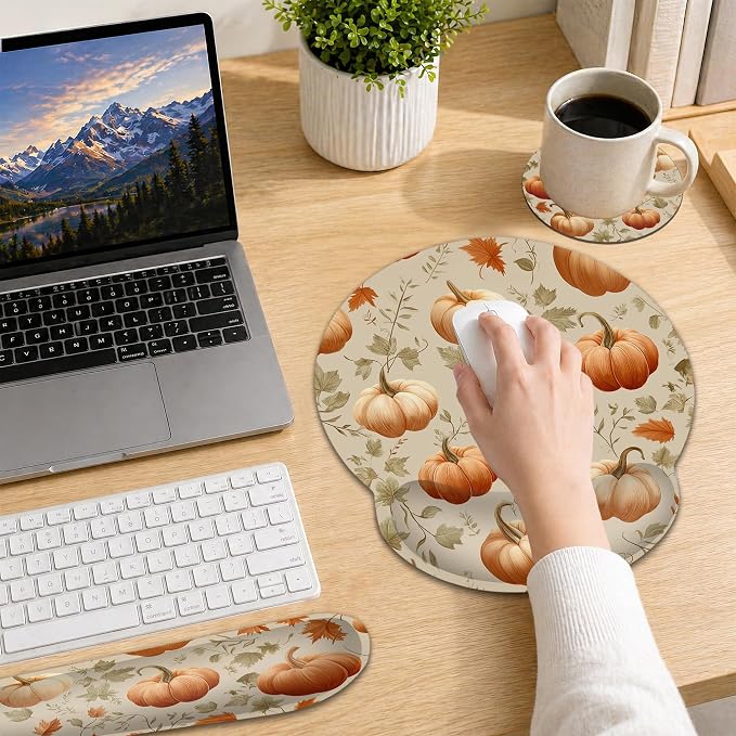 Pumpkin Wrist Rest Support for Mouse Pad Keyboard Set, Autumn Maple Leaves Mouse Pad with Non Slip Rubber Base for Home and Office Typing Support
