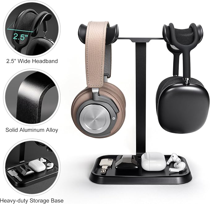 Dual Headphone Stand, Double Balanced Headset Stand with Storage Tray, Heavy Base Gaming Headset Holder for Desk (Black)