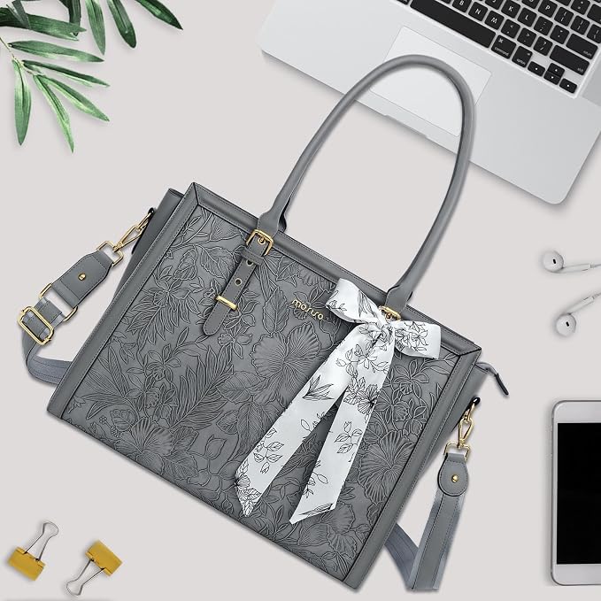 MOSISO Laptop Bag for Women, 15.6-16 inch PU Leather Tote Bag Compatible with MacBook, HP, Dell, Asus Notebook, Front Embossed Retro Hibiscus Computer Bags with Silk Scarf&Clutch Purse, Gray