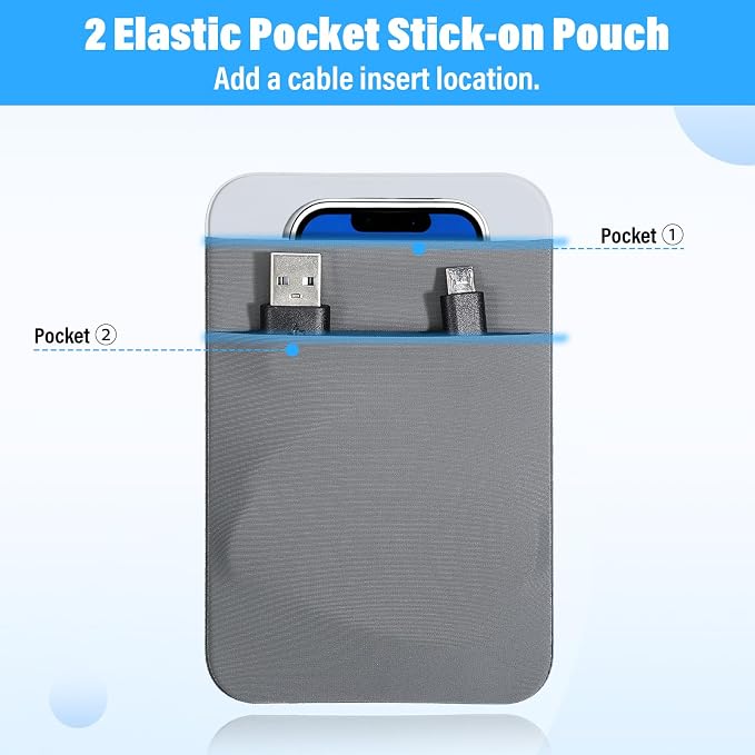 Portable Hard Drive Sleeve 2-Pocket Stick on Pouch with Reusable Adhesive SSD Hard Drives Carrying Case Computer Accessories Pouch Holder for Most Laptop External Solid State Drive Mouse USB Cable