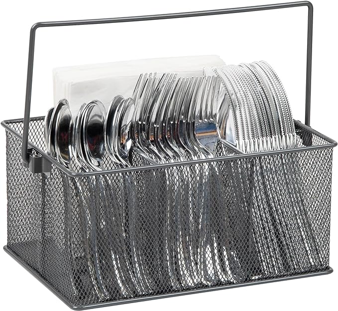 Mind Reader Multi-purpose Storage Caddy with Handle, Desktop Organizer, Cutlery Holder, 4 Compartments, Metal Mesh, Gray