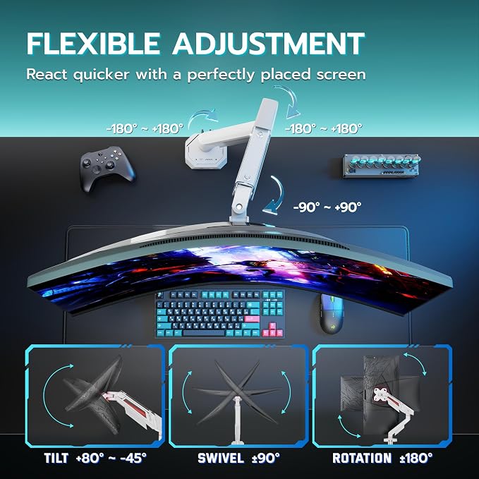ARES WING Heavy Duty Single Monitor Arm, Fully Adjustable Single Monitor Mount for 17-40 Inch Flat Curved Ultrawide Screens Up to 26.5lbs with USB A/C, C-Clamp & Grommet Base, 75/100 Vesa Mount, White